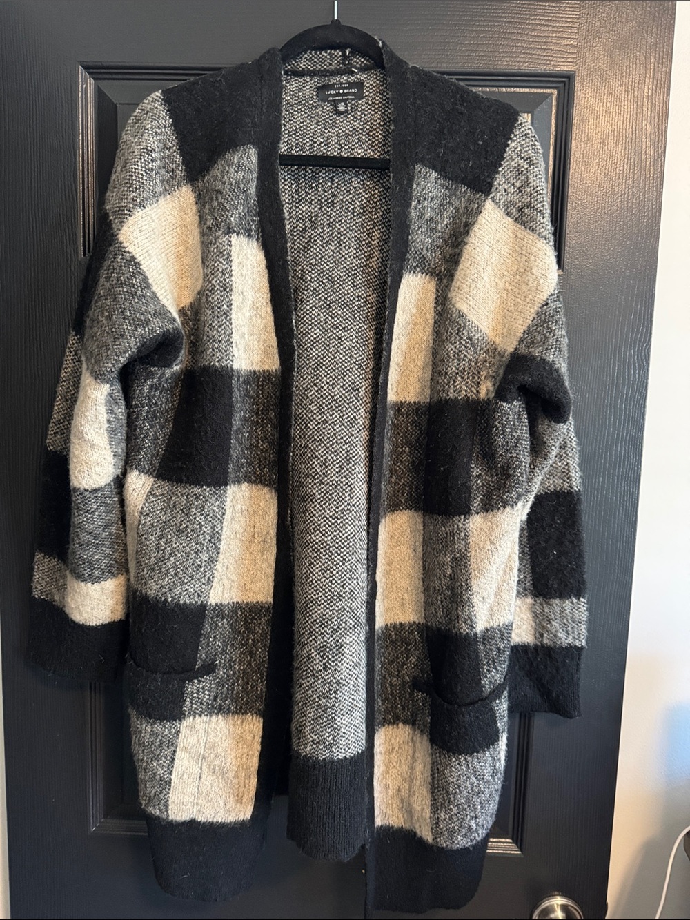 Lucky Brand Black & Cream Plaid Open-Front Cardigan